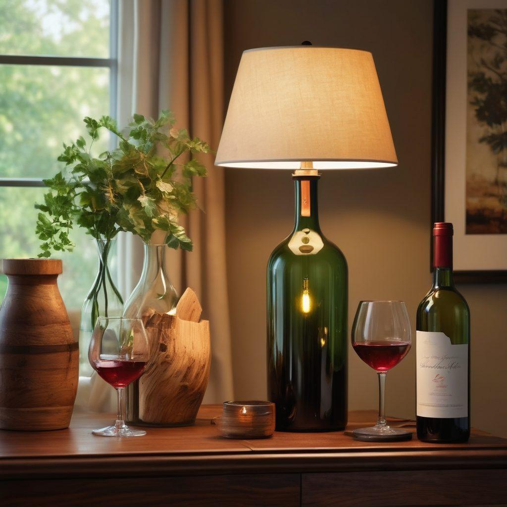 A beautifully styled interior scene featuring an array of unique lamp designs illuminating a cozy space, alongside elegant collectible wine embellishments displayed artistically. The ambiance should convey warmth and sophistication, with soft lighting enhancing the textures of wood and glass. Include a garnish of greenery to evoke freshness. super-realistic. vibrant colors. warm tones.