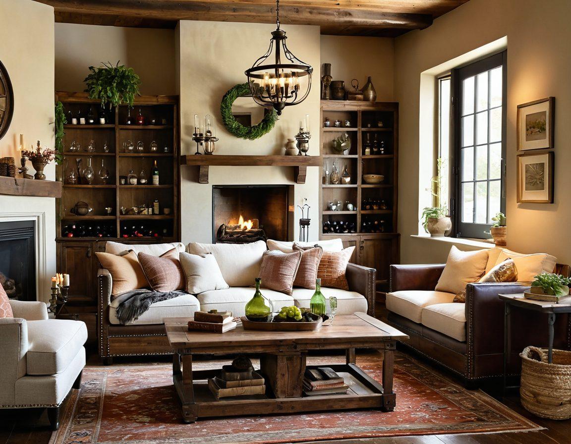 A cozy, elegantly decorated living room featuring antique chandeliers casting a warm glow and vintage wine decor artfully arranged on rustic shelves. An inviting vintage wine barrel doubles as a coffee table, surrounded by plush seating and a soft textured rug. Subtle touches of greenery bring life to the space, complementing the rich wooden tones and glass accents. The overall atmosphere exudes charm and warmth, perfect for intimate gatherings. super-realistic. warm tones. vintage style.