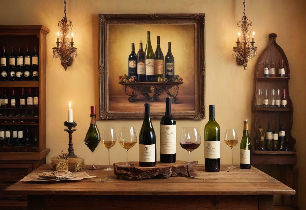 A beautifully arranged vintage wine decor setting featuring an antique wooden table with elegant wine bottles and glasses. Soft, warm lighting emanates from ornate antique chandeliers above, highlighting delicate vintage accents. The background showcases an artfully designed wall with vintage wine posters and a rustic wine rack. Create an atmosphere of timeless elegance and sophistication. super-realistic. warm tones. vintage style.